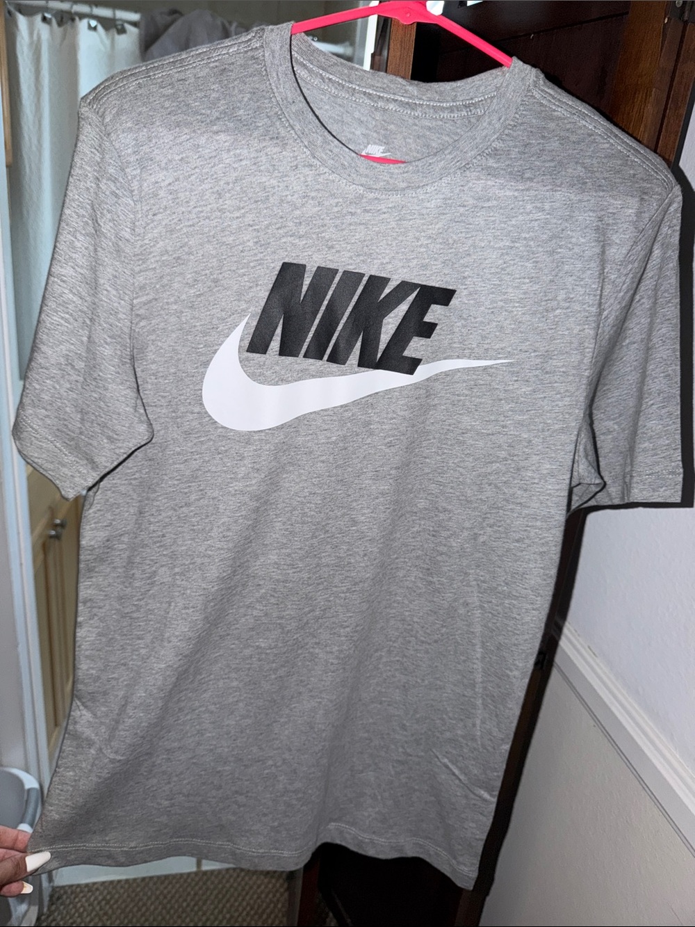 Nike Gray Short-Sleeve Logo Tee with Black and White Swoosh